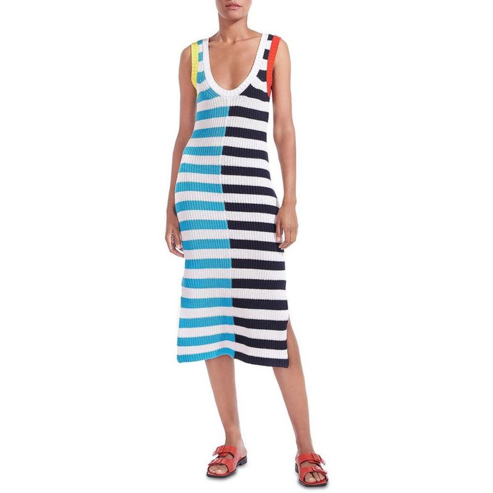 STAUD Womens Seashore B/W Stripe Calf Knit Midi Dress NWT
